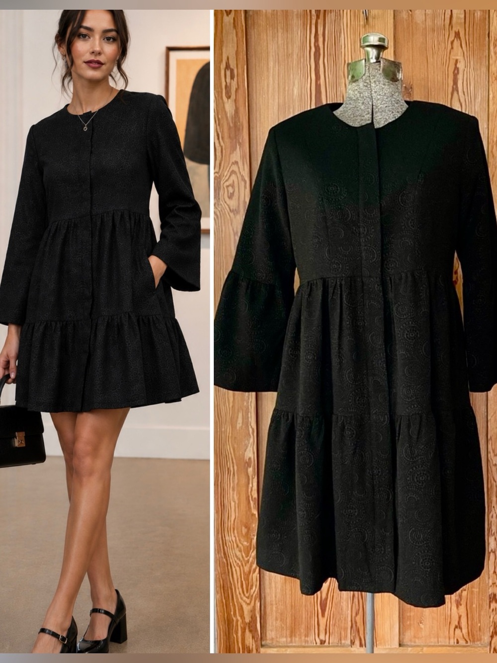 Traffic People Tonal Jacquard Tiered Mini Dress Bell Sleeve Pockets Sz S💚🍄